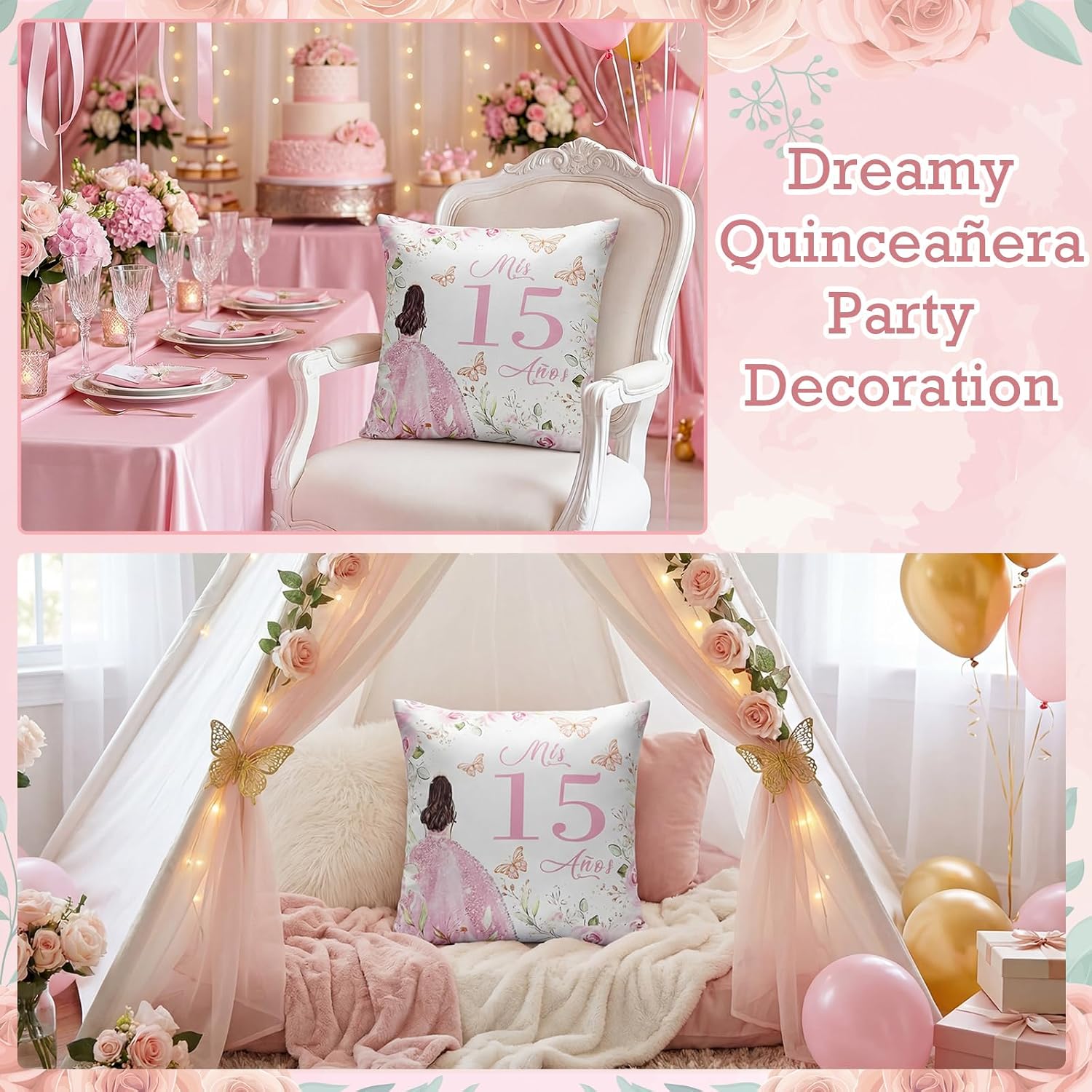 Kathfly Cojines para 15 Años De Quinceañera Decoration 16 x 16 Inche Pink Quinceañera Pillow Gifts Mis Xv Años Throw Pillow Sweet for Daughter Sister Friend 15th Birthday Gifts