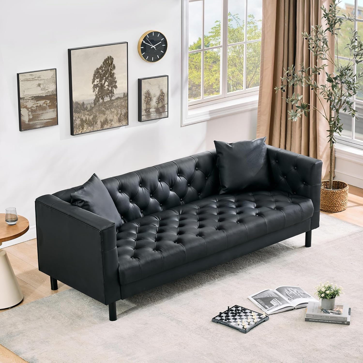 Modern Leather Sofa 81", Chesterfield Style 3 Seater Couch with Deep Seat, Hand-Tufted Button Quilting, Vintage Couch for Living Room, Apartment, Office Vintage Black image 6 of 7 B0GV26D95V