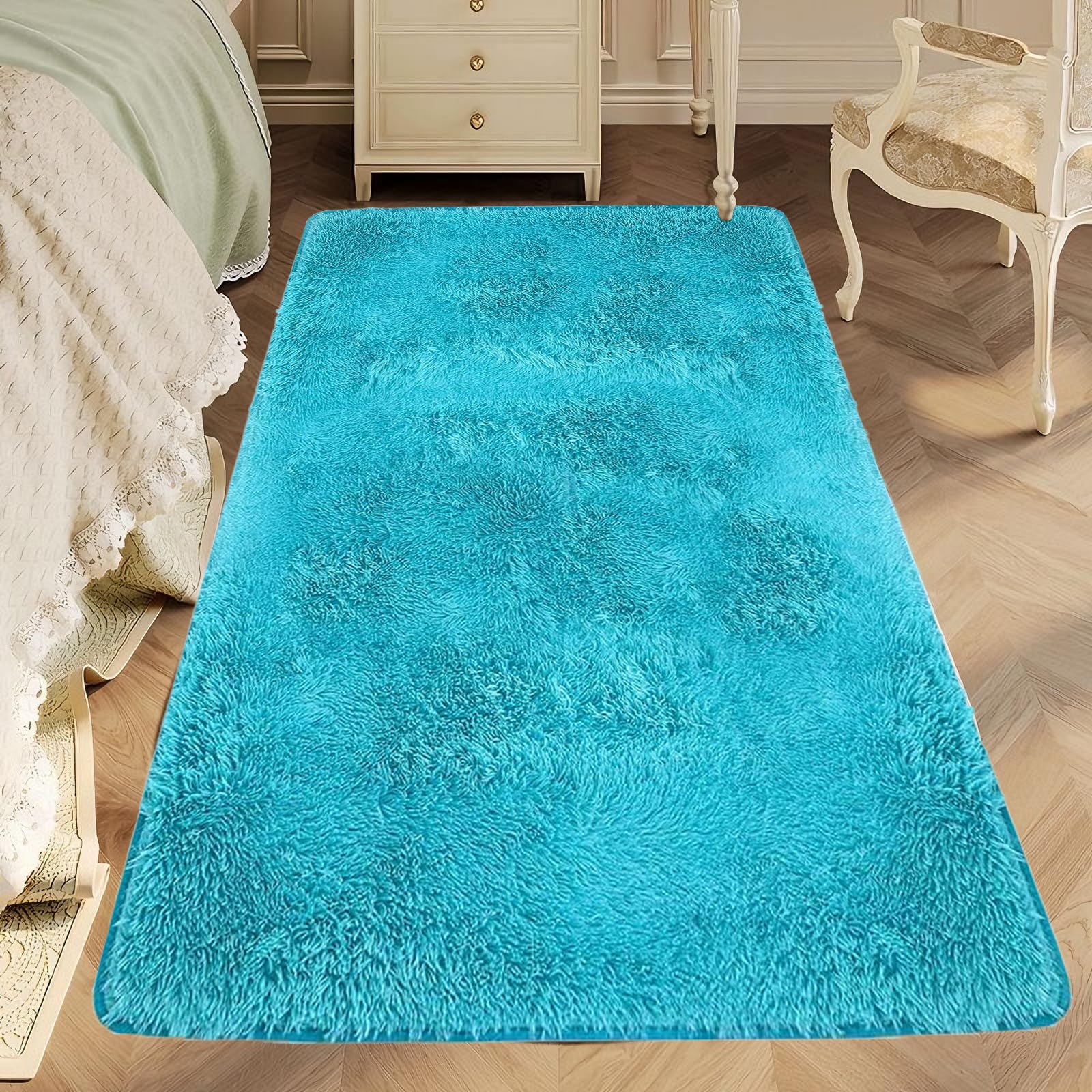 Tapis Chambre à Poils Longs Bleu Épais pour Espace Détente Cocooning