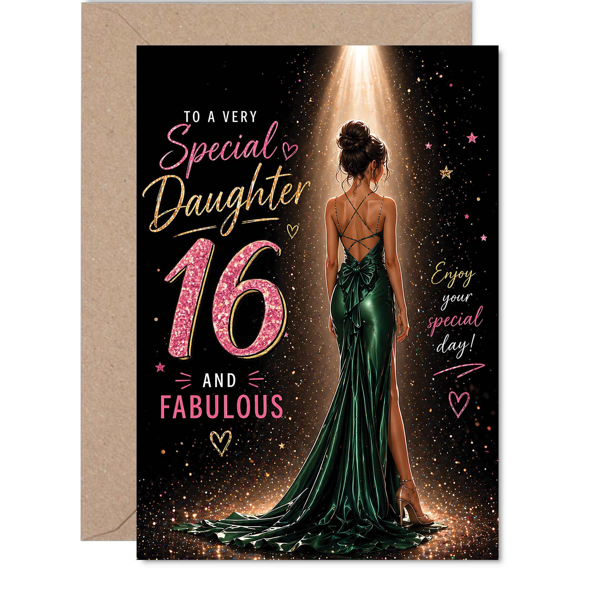 Milestone 16th Birthday Card - Sparkle, Style and Sass - Glamorous Green Dress Motif with Shimmering Background - A5, Envelope Included