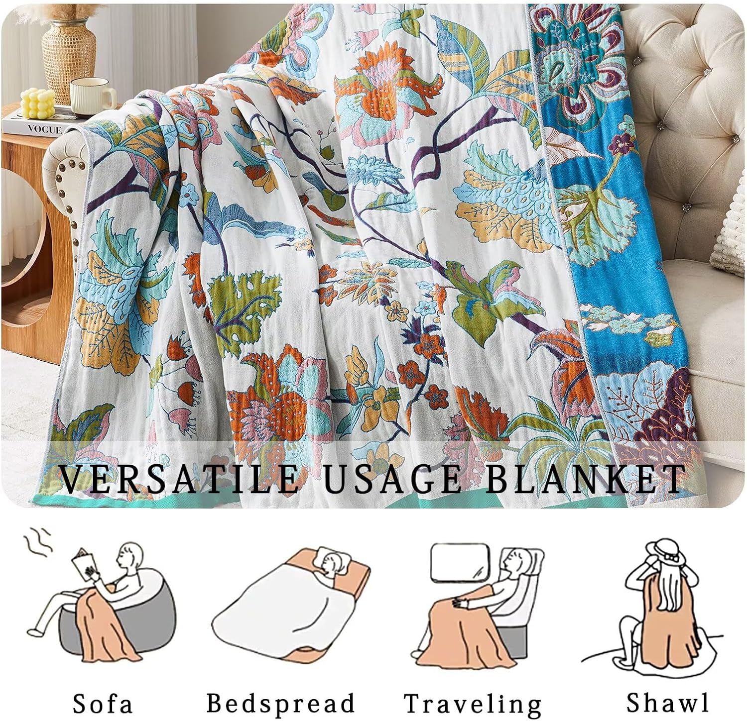 Boho Blanket Soft Muslin BohoThrow Blanket, 100% Cotton Floral Printed Farmhouse Decor All Season Reversible Rustic Throw for Sofa Couch Chair (60"x80")