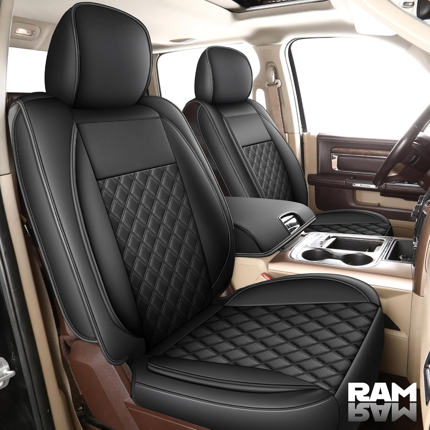 Seat Covers for RAM Trucks,Waterproof and Luxury Leather,Fits Most 2002-2024 RAM 1500 2500 3500 Crew Quad Regular Cab with Curved Bench, with Car Seat Cushion(Black,Concave Rear,N8)