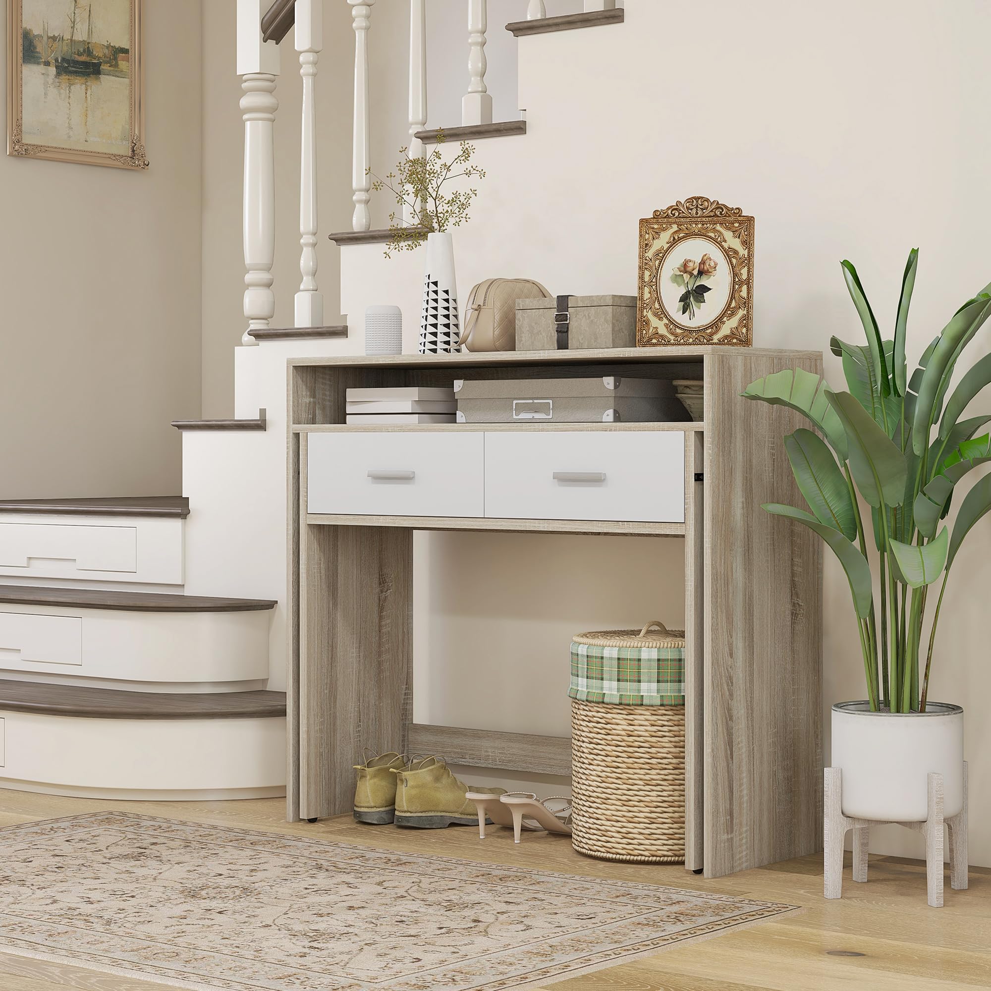 Consoletafel, haltafel, 70x35x75 cm, Voor hal en entree, Bijzettafel, Eiken