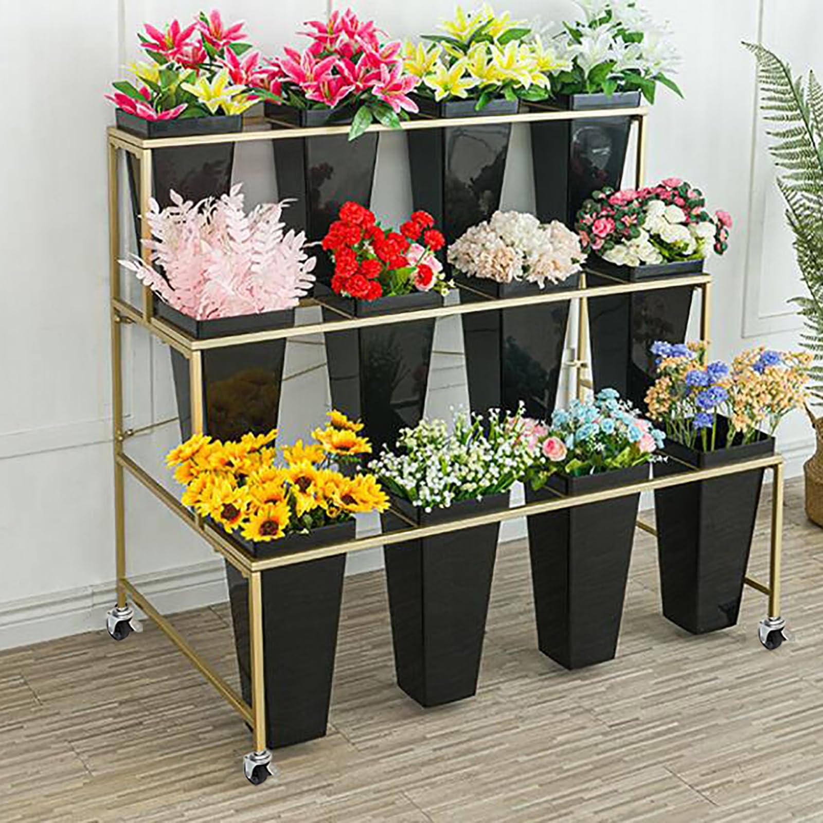 Espositore per fiori con 12 secchi, supporto per piante a 3 livelli con ruote, in metallo, per fiorai, negozi, interni, esterni, patio, giardino, balcone, porta piante