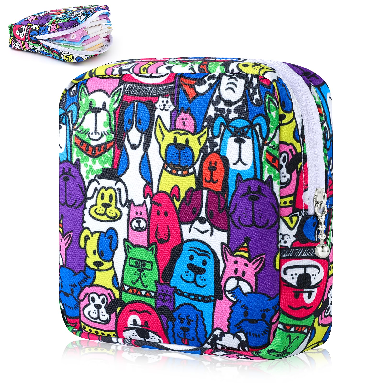 Sanitary Pad Storage Bag Portable Period Bag for Teen Pads/Sanitary Napkins/Small Tampons, Sanitary Napkin Storage Bag First Period Gifts for Teen Girls (Colored Puppy)