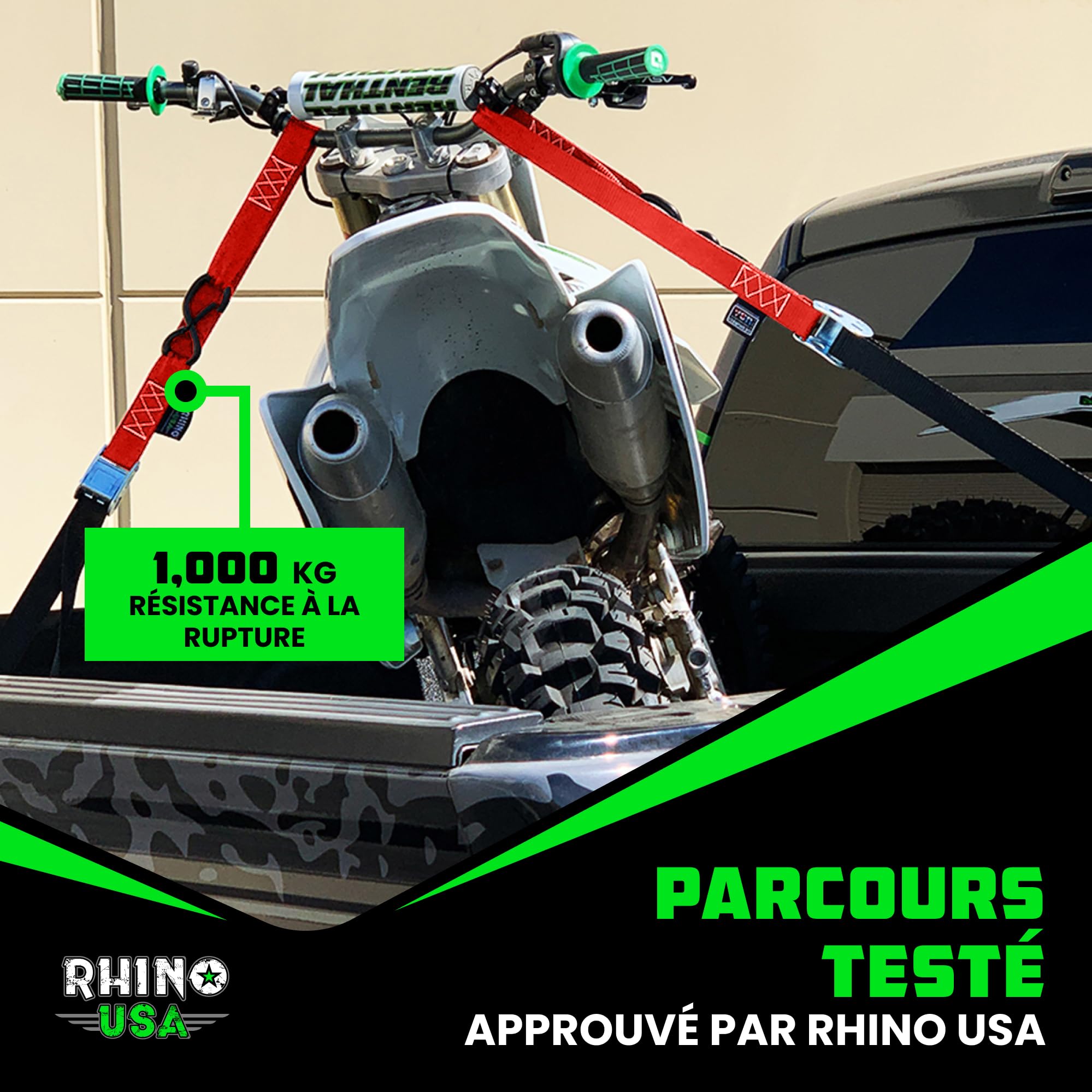 Rhino USA Lot 2 Sangle Arrimage Moto - Testées en Laboratoire Résistance à la Rupture de 1000 kg- Sangles d'Arrimage Acier avec Boucles Souples pour Remorque Guidon - Rouge