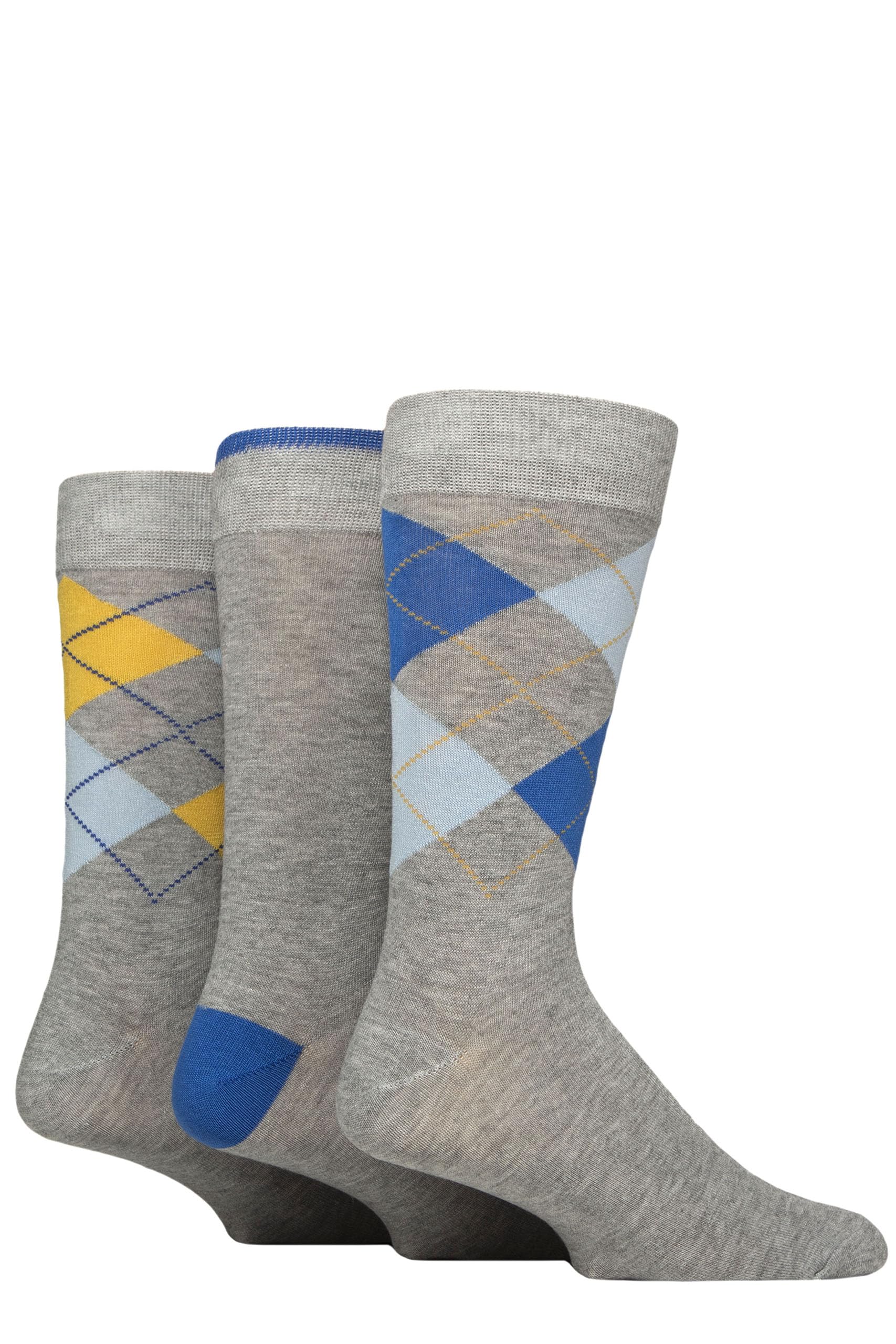 Glenmuir Mens 3 Pair Classic Bamboo Argyle Socks Grey/Blue 7-11