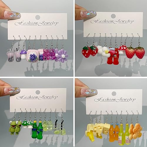 Miniatura 2 de 30-40 pares de aretes extraños, lindos y divertidos, con diseños de osos de gomita, patos, hongos, frutas y flores, para mujeres, aretes colgantes,