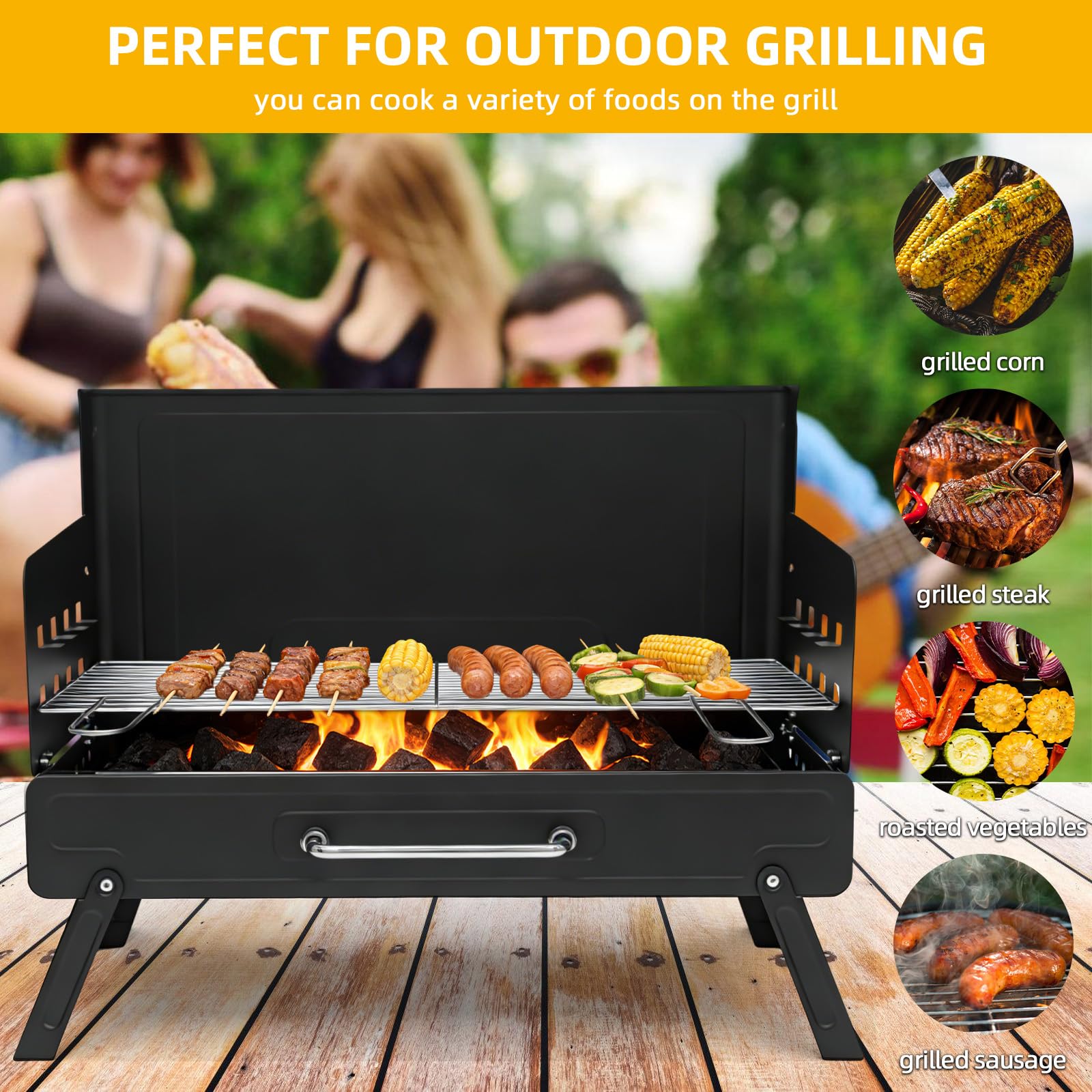 Barbecue Carbonella Pieghevole in acciaio inossidabile Griglia BBQ di legno portatile per partito balcone Camping 35 * 24 * 39cm