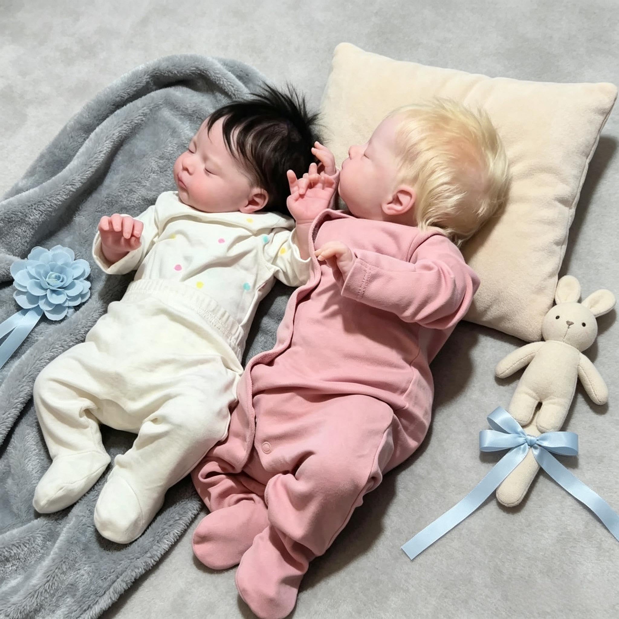 RXDOLL Lebensechte Reborn Babypuppen Zwillinge 19 Zoll Schlafende Reborn Baby Zwillinge Weicher Stoffkörper, Realistische Babypuppen mit Haar, Neugeborenenpuppe Spielzeug für Kinder