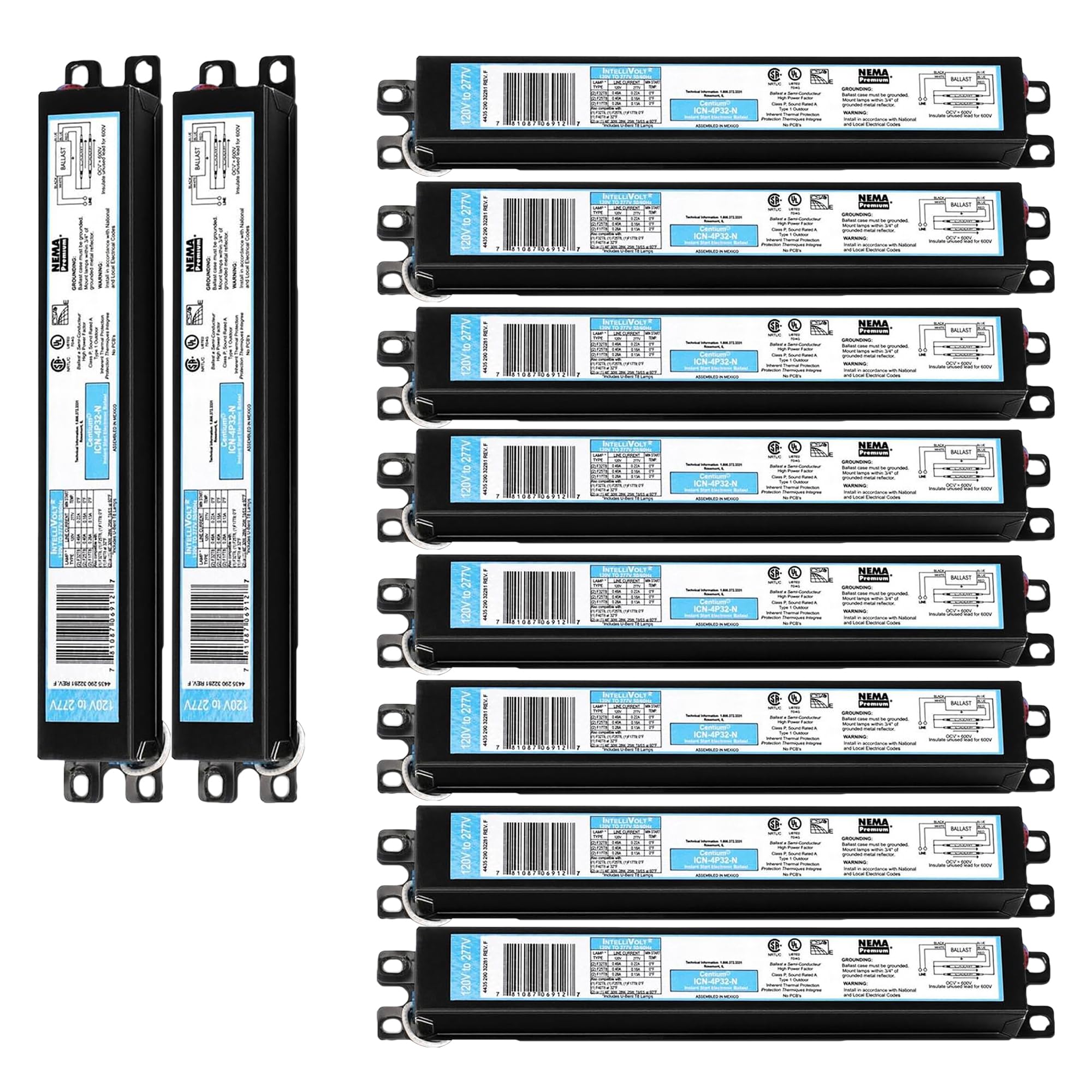 ICN4P32N, 120-277V, 50-60Hz Input Frequency, Solid Wire Type, Instant Start Centium Electronic Fluorescent Ballast for 4 F32T8 Lamp Type, Indoor/Outdoor Use with Automatic Restart Ballast Box, 10 Pack