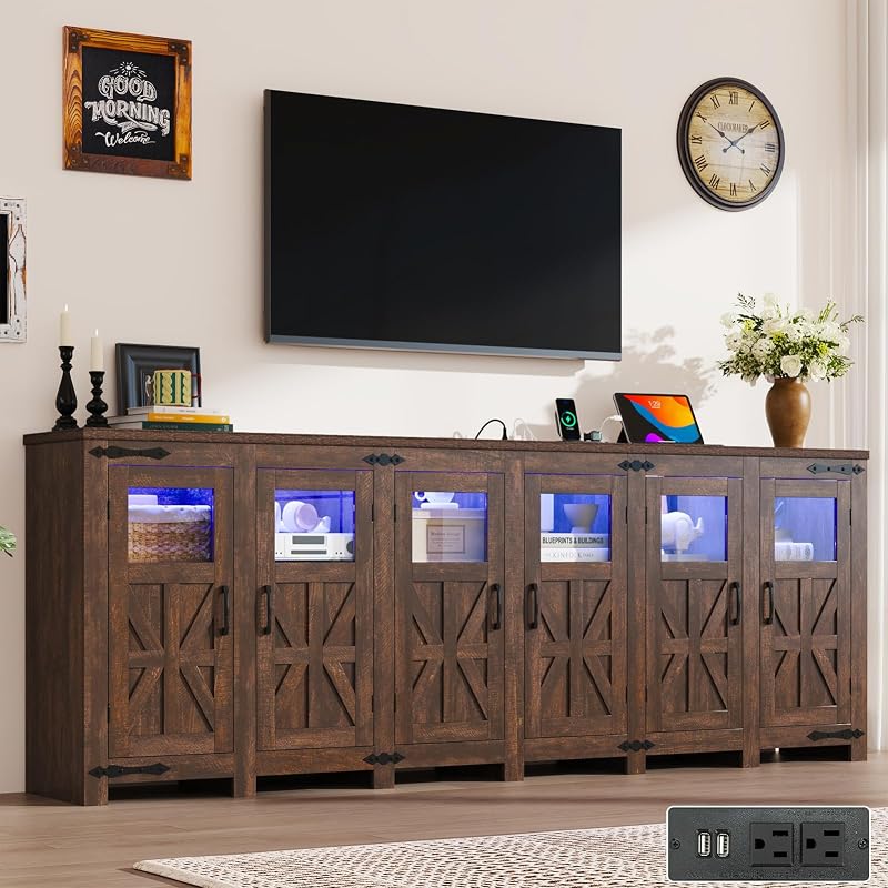 95" Large LED Farmhouse TV Stand for 100/90/80In TVs with Power Outlets ,Tall Entertainment Center Storage Cabinets,Rustic TV Stands for Living Room wAdjustable Shelves,Media Console(Rustic Brow