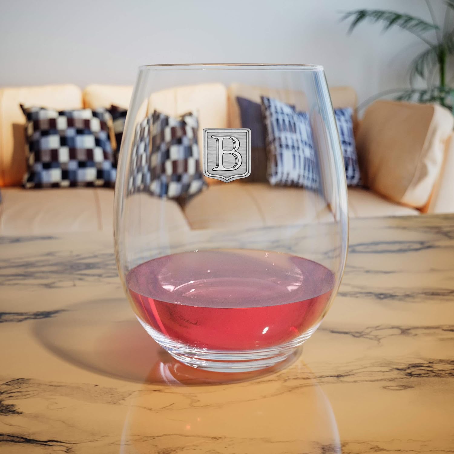 Premium Monogrammed Stemless Wine Glass - Pick Your Letter - Unique Gift Handmade Personalized Polished Pure Pewter Metal Crest - Customized by Fine Occasion (B) - 21oz