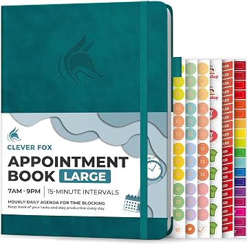 Clever Fox Diary - Hourly Planner with 15 Minute Steps - Timebox Planner for Daily Work & To-Dos - Weekly & Monthly Recordings Undated Hardcover A4 Size Dark Teal