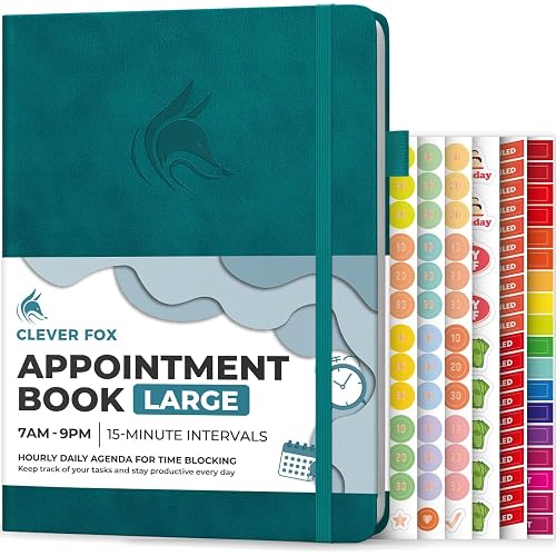 Clever Fox Appointment Book – Hourly Schedule Planner with 15-Minute Increments – Time Box Planner for Daily Work & To-Dos – Weekly & Monthly Spreads, Undated, Hardcover, 8.3x11″ (Dark Teal)