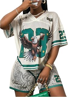 Women's 2 Piece Summer Outfits Graphic Mesh Short Sleeve Jersey T Shirt and Shorts Set Streetwear