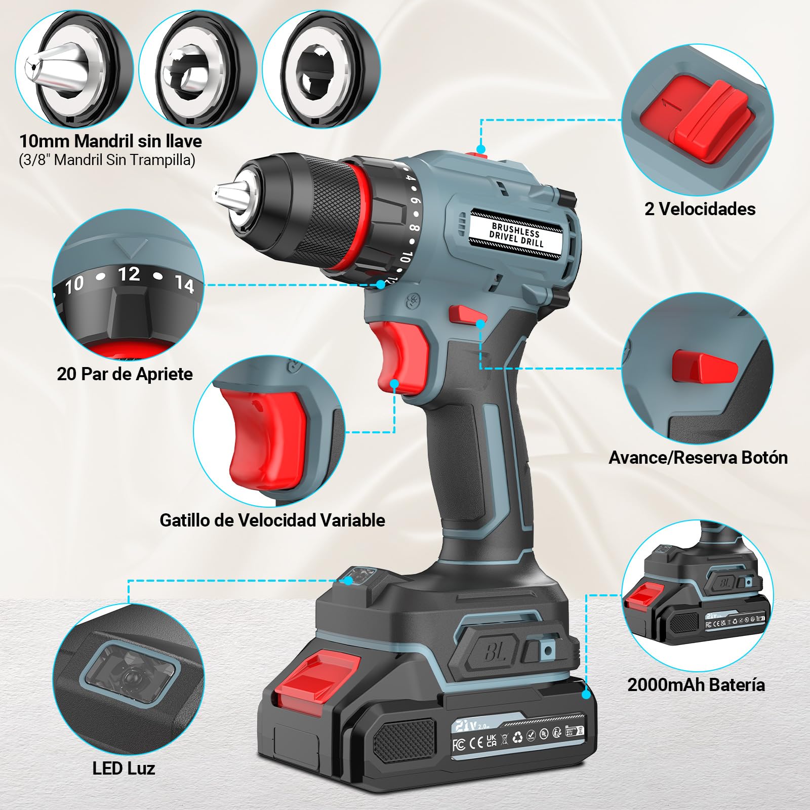 Brushless Trapano Avvitatore Batteria, 21V Trapano a Percussione, 55Nm Max con 2 Batterie 2.0Ah, 20+1Coppia,2 Velocità,LED Luce, Elettrico Avvitatore Ideale per forare e avvitare