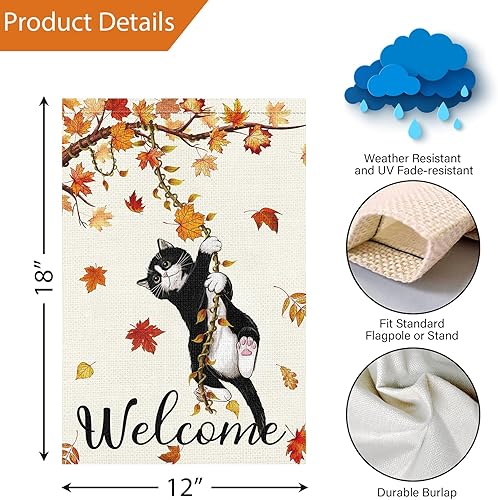Miniatura 4 de Louise Maelys Bandera de jardín de gato de bienvenida de otoño de 12 x 18 pulgadas, doble cara, pequeña arpillera de otoño con gato negro, bandera
