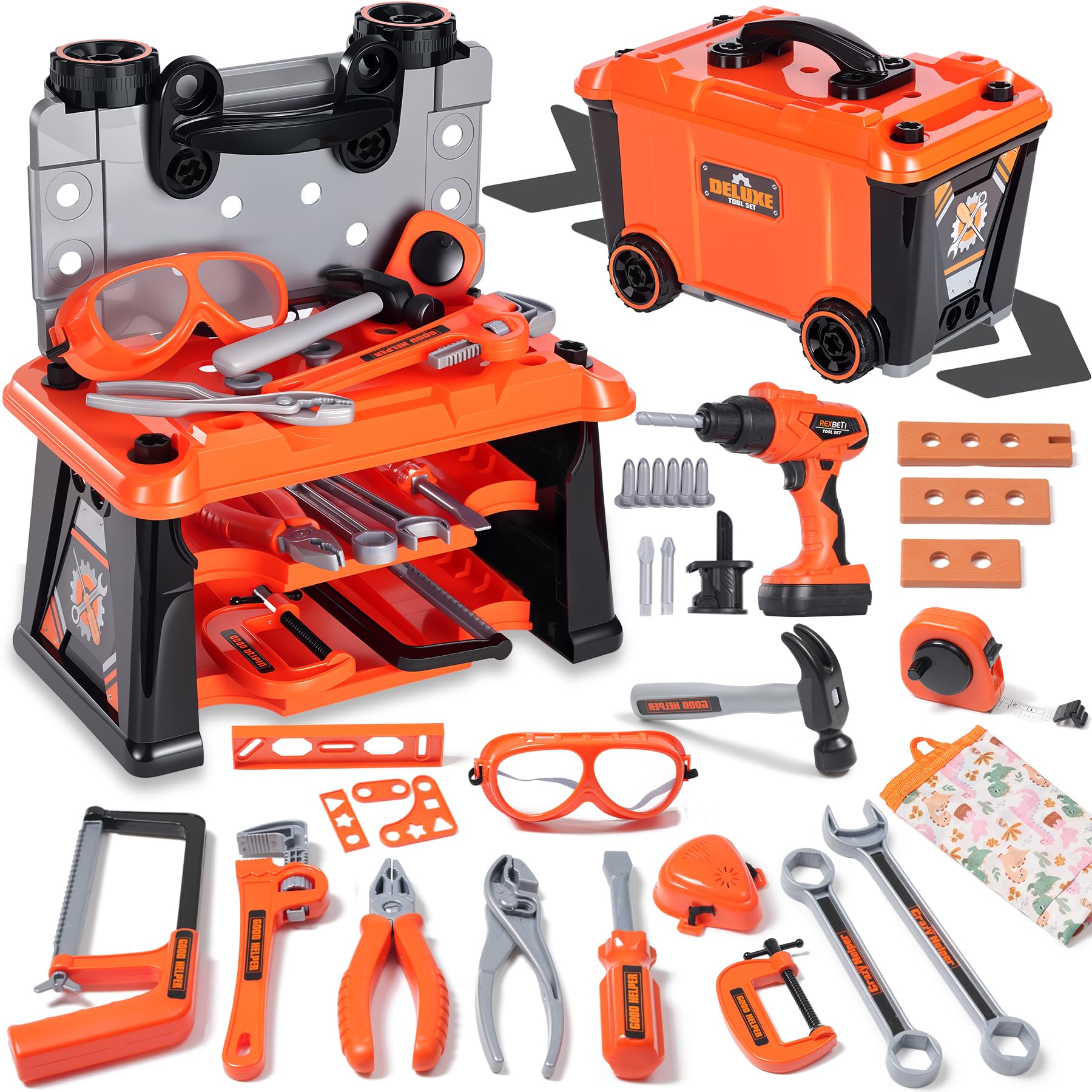 REXBETI Kids Tool Set with Box and Electronic Toy Drill, Pretend Play Kids Workbench Construction Kits, Toddler Tool Set, Birthday Gifts for Ages 3-8 Years Old