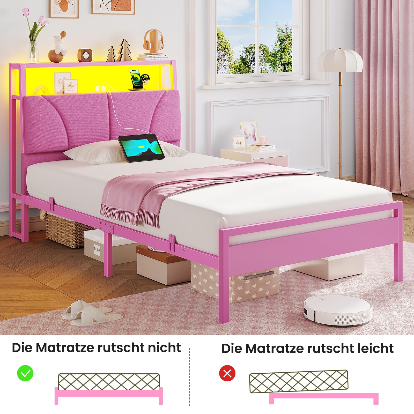 Brinlawb Mädchen Bett 90x200 cm mit LED Beleuchtung und Ladestation (2 AC-Steckdosen, 1 USB-A, 1 USB-C) Bettgestell Jugendbett mit gepolstertem Kopfteil und 2 offenen Regalen, Kinderbett 90x200 Rosa
