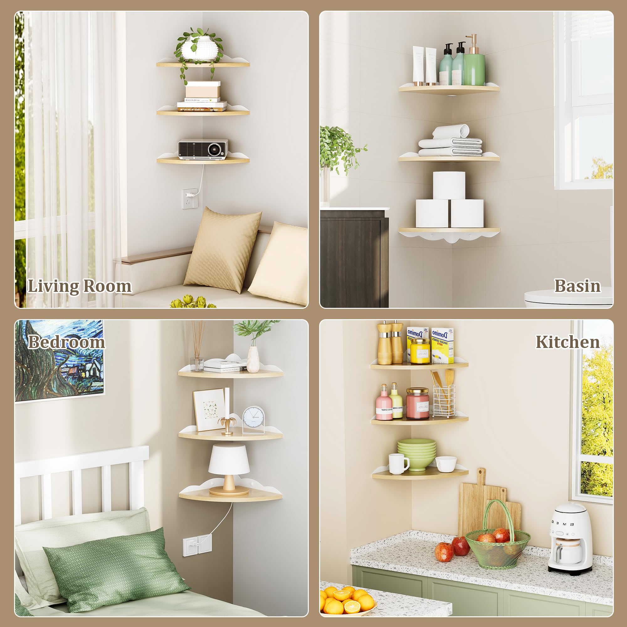 SAYAYO Estanteria Pared de 90° Juego de 3, Estante Esquinero de Madera, Radio de 27 CM Estante de Pared, Estantes Flotantes para Baño, Sala de Estar, Cocina