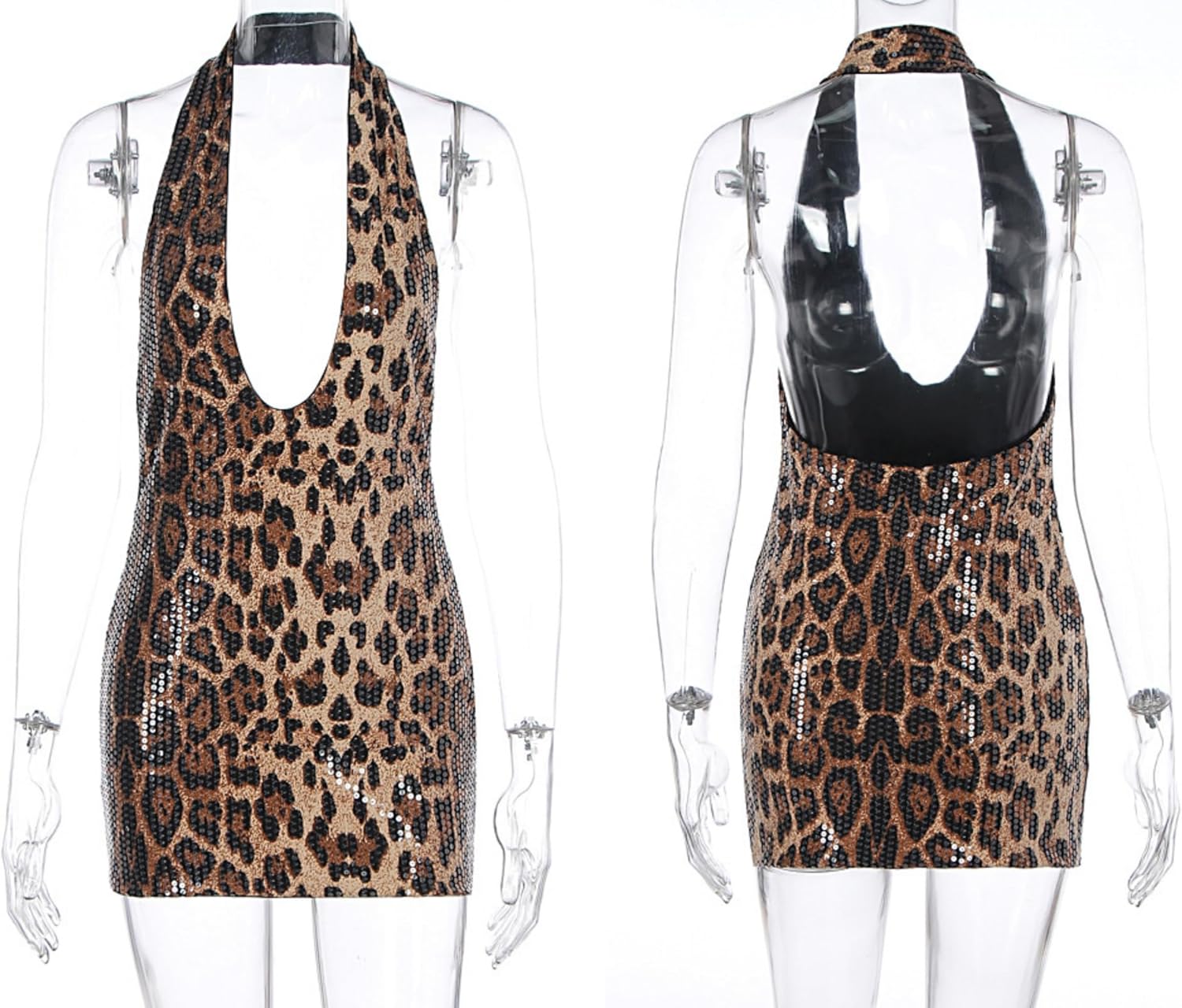 Women's Glitter Sequin Leopard Print Mini Dress Sexy Sleeveless Spaghetti Strap Bodycon Short Dress Party Club Dress - Image 6