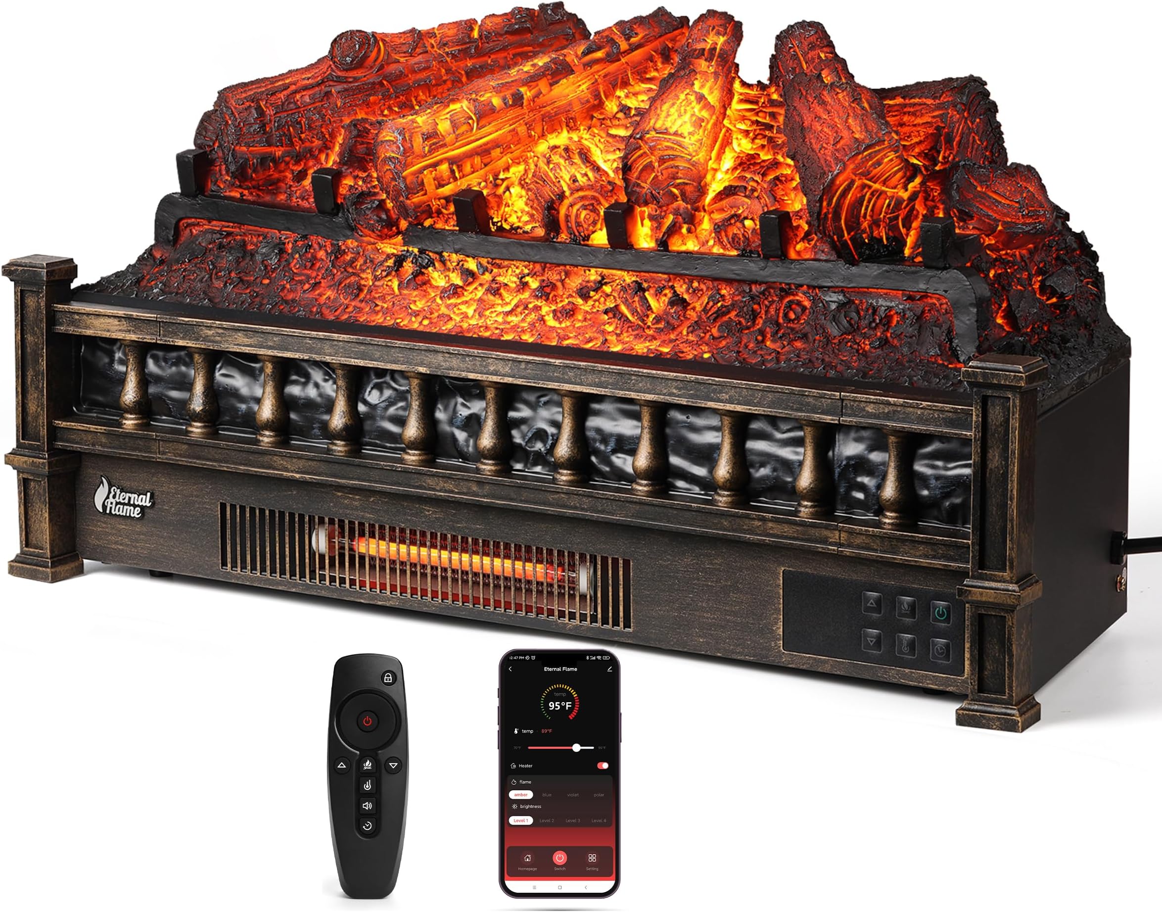 TURBRO Eternal Flame 26 in. WiFi Infrared Quartz Electric Fireplace Log Heater with Sound Crackling, Realistic Pinewood Logs, Adjustable Flame Colors, Remote Control, Thermostat, Timer, 1500W Bronze
