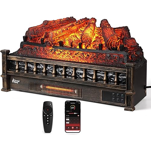 TURBRO Eternal Flame 26 in. WiFi Infrared Quartz Electric Fireplace Log Heater with Sound Crackling, Realistic Pinewood Logs, Adjustable Flame Colors, Remote Control, Thermostat, Timer, 1500W Bronze