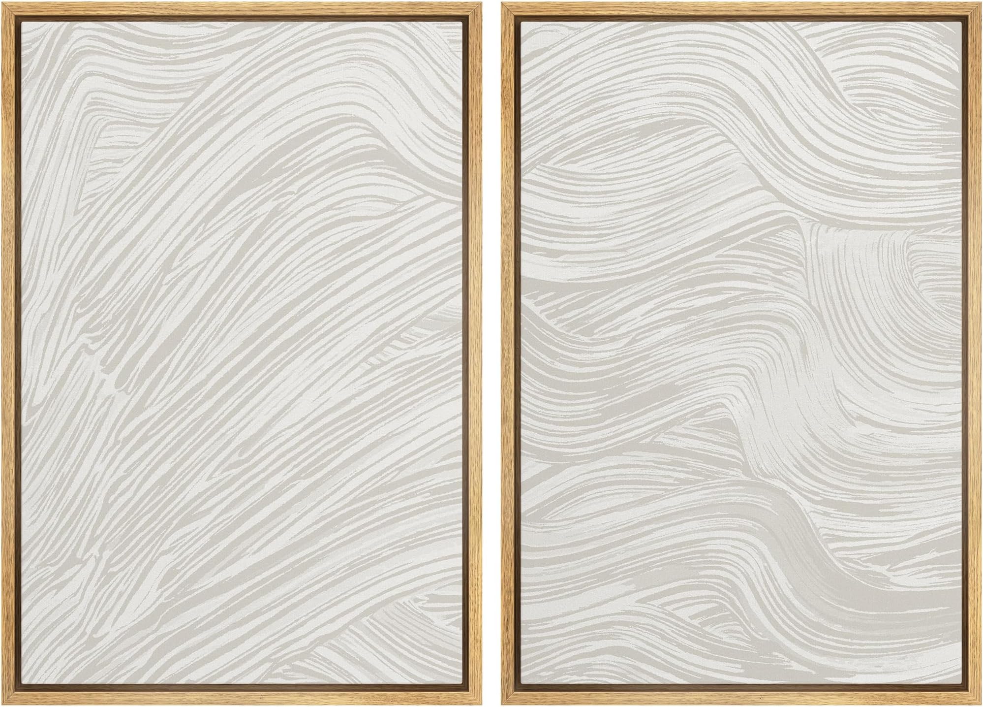 Ashbrook Framed Canvas Print Wall Art Set White Gray Paint Stroke Waves Abstract Shapes Illustrations Modern Art Minimal Decorative Chic for Living Room, Bedroom, Office - 16"x24"x2 Natural