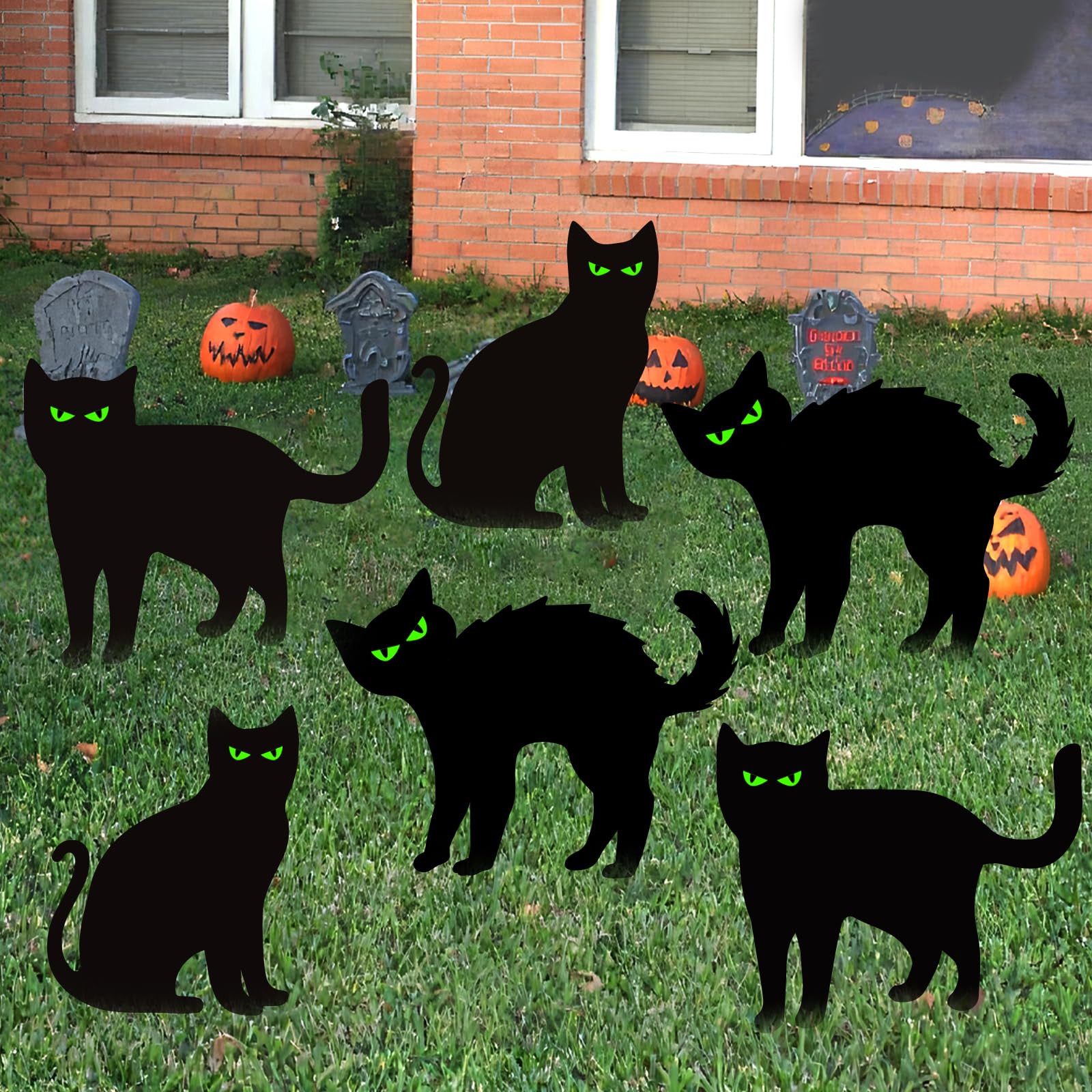 Dekoracje na Halloween, 6 szt., czarne znaki stoczni kota z palikami, przerażająca sylwetka ze świecącymi oczami, na podwórko na zewnątrz, wodoodporny, trawnik, ogród, dekoracja na Halloween