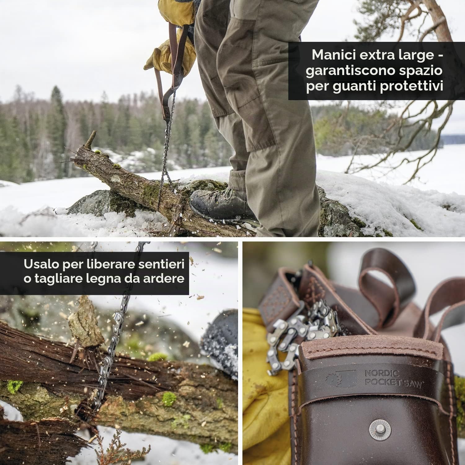 Nordic Pocket Saw Sega a Mano - Motosega a Mano 65 cm con Manici in Pelle - Accetta da Campeggio Sega Sopravvivenza Escursionismo - Portable Chainsaw 33 Denti