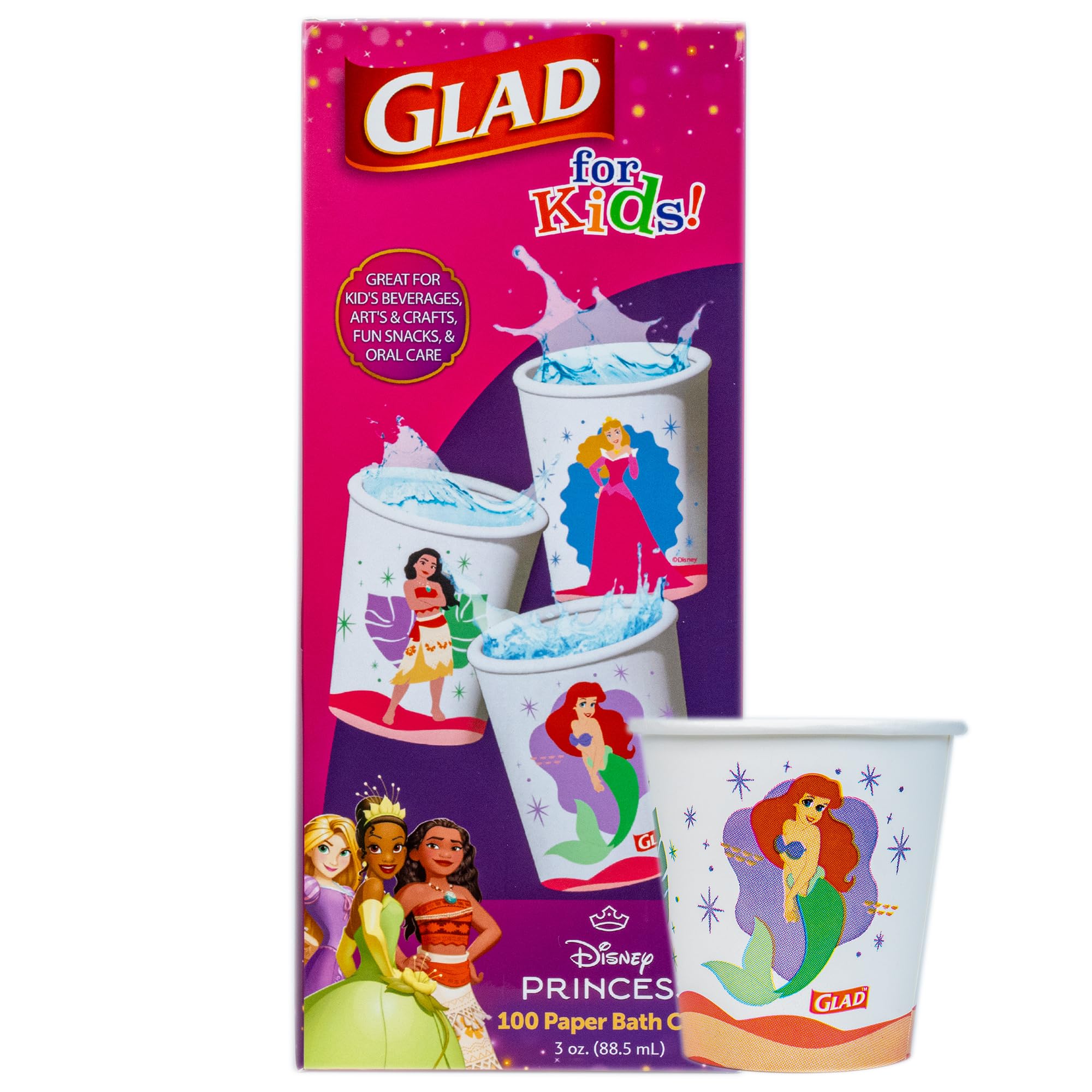 Glad for Kids Disney Princess Disposable Mini Paper Cups for Bathroom Rinsing and Parties, Heavy Duty Soak Proof Paper Cups for Kids, Colorful Princess Designs, 3 Ounce, 100 Count