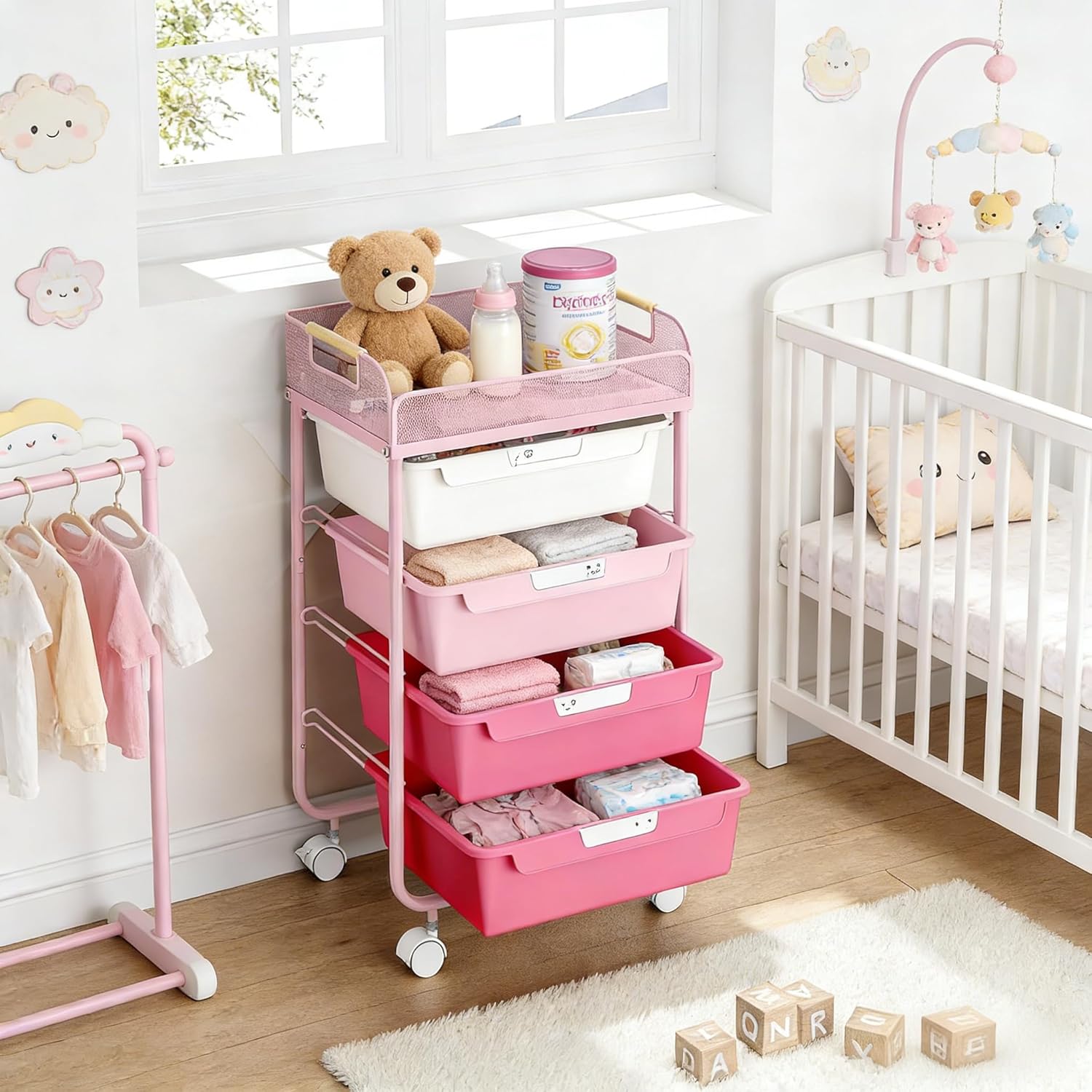 4 Drawer Rolling Utility Craft Storage Organizer Cart with Convenient Mesh Top, Art Supplies Storage Cart with 4 DIY Labels for Home Office Classroom Bedroom Kids, Pink