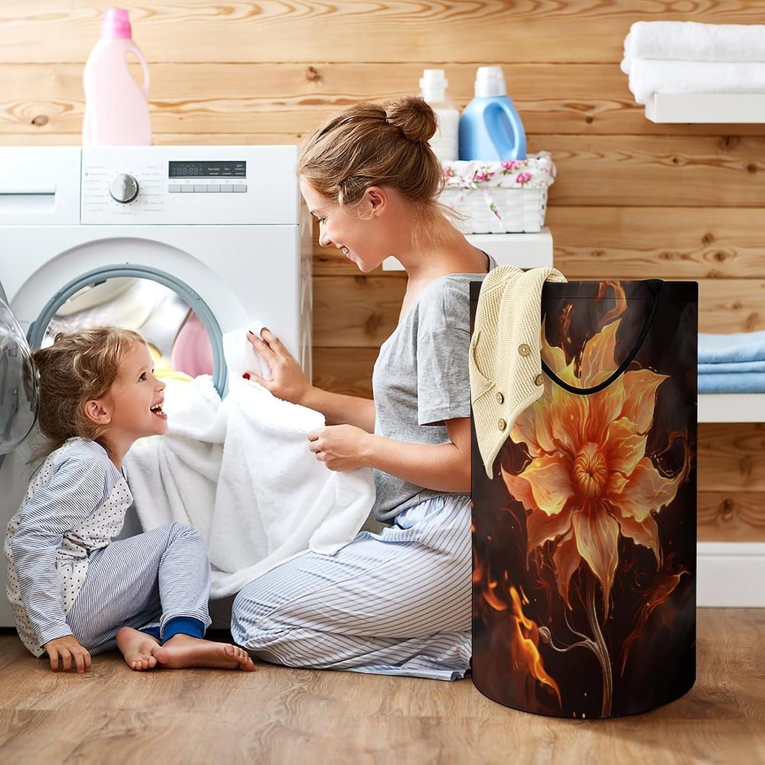 Large Laundry Hamper with Handles Flame Flower Laundry Basket Freestanding Waterproof Clothes Hamper for Living Room Bedroom Bathroom College Dorm
