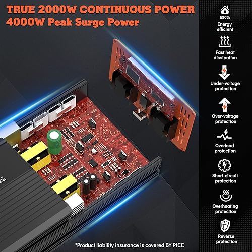 Miniatura 6 de Inversor de corriente para vehículo, inversor de automóvil de 2000 vatios, inversor de onda sinusoidal modificada de 12 V a 110 V con 2 salidas de