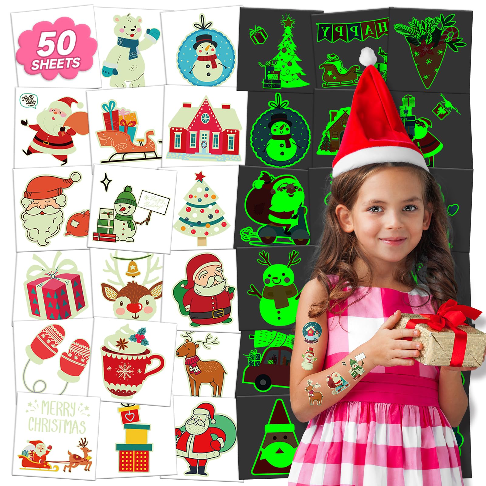 EMOME Individually Wrapped Glow Christmas Temporary Tattoos for Kids Stocking Stuffers, Luminous tattoo stickers for Christmas Party Decorations Favors Supplies, Christmas Gifts for Party Games
