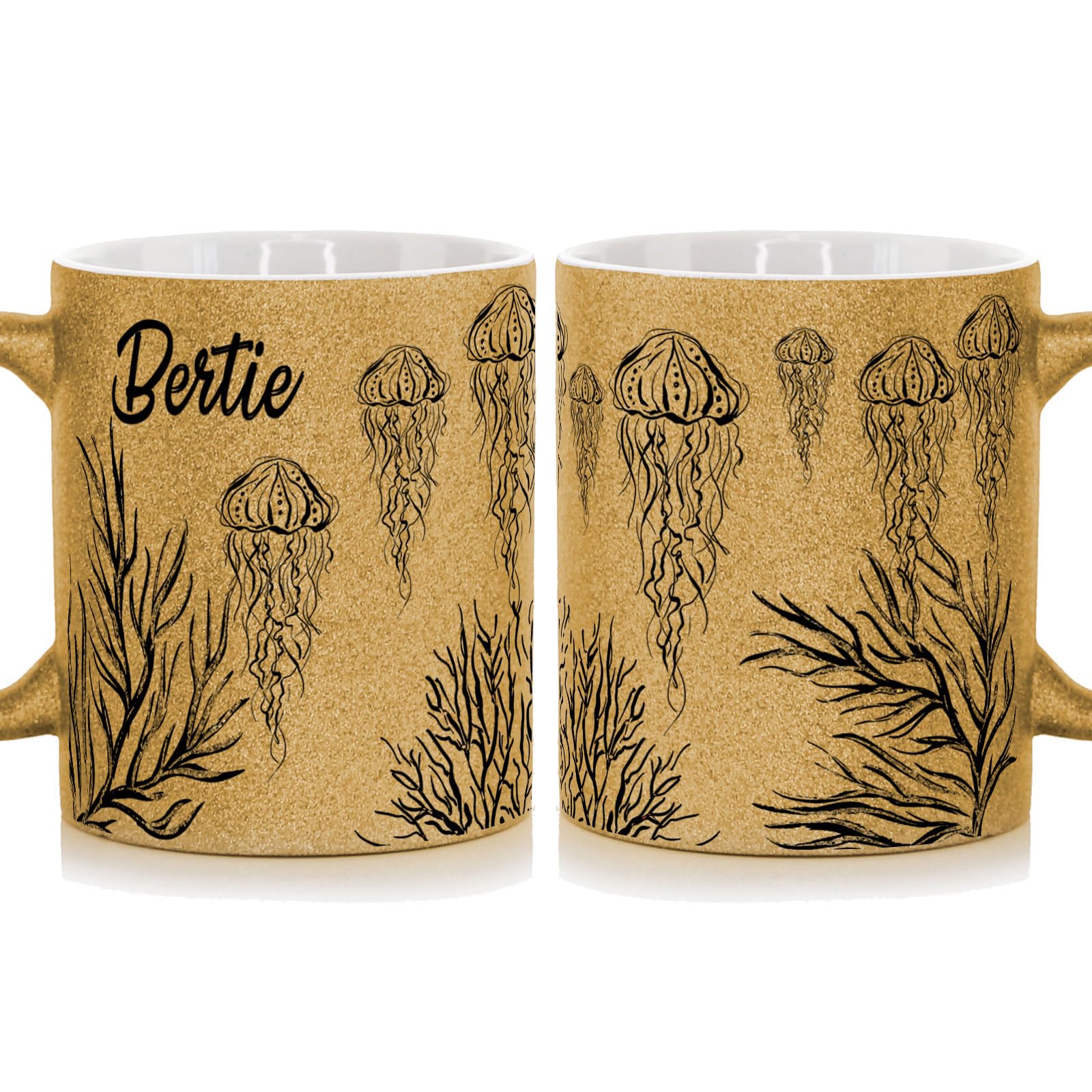 Personalised Mug and Belgian Milk Hot Chocolate Stirrer Marshmallow Gift Set, Customised with Ceramic 11oz Gold, Silver, Blue, Pink Glitter Cup with Jellyfish and Corral Ocean Design, Corral Mug