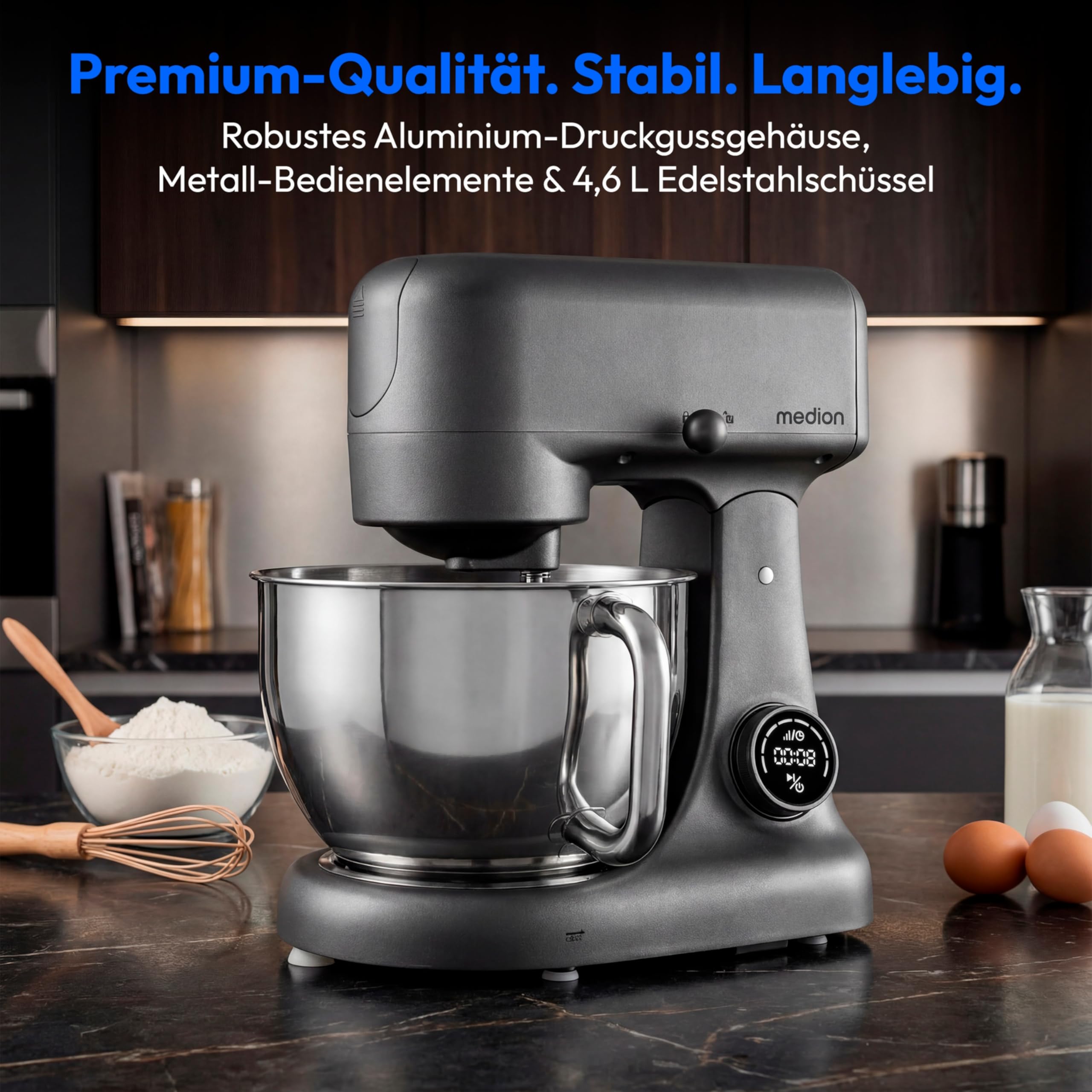 MEDION Küchenmaschine (Fleischwolf, 4,6 Liter Edelstahlschüssel, leiser Gleichstrommotor, 800 Watt, Reiben Raspeln Schneiden, Digitales Sensor Touch Display, Knetmaschine, Teigmaschine, MD12600) titan
