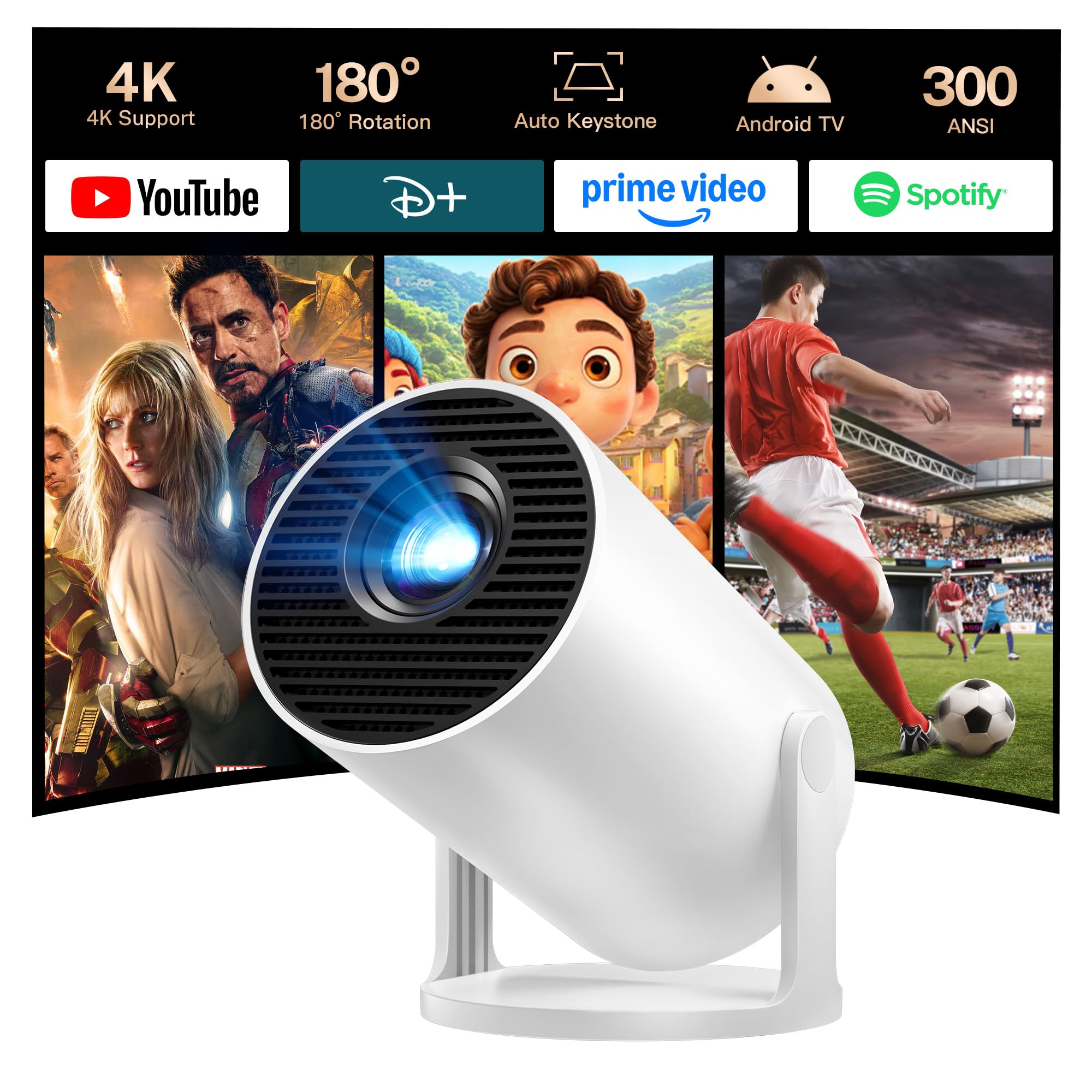 Mini Beamer con Android TV con Bluetooth & WiFi 6, Proiettore Portatile Auto Keystone, Rotazione 180°, 1080P 4K Supporto Vision Beamer per Telefono/TV Stick/HDMI/PS5/iOS, LYNCAST