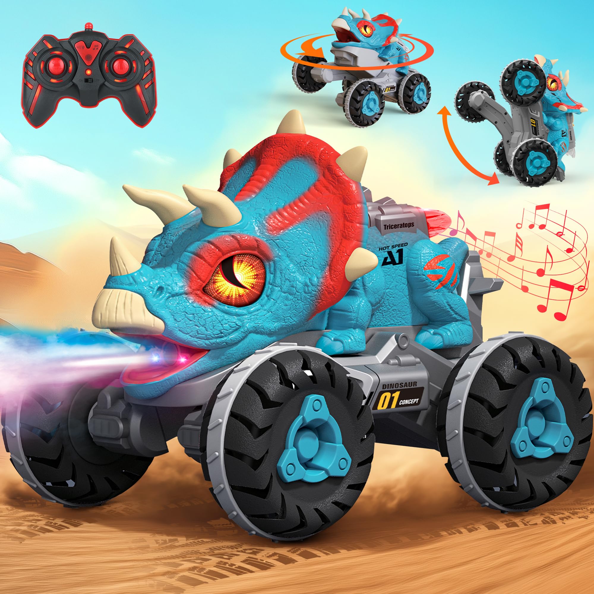 Remote Control Dinosaur Car Toy with Spray & Light & Roar & Music for Kids Boys Age 3-5 5-7 8-12, 2.4Ghz All Terrain RC Monster Dinosaur Truck with Rechargeable Batteries for Christmas Birthday Gift