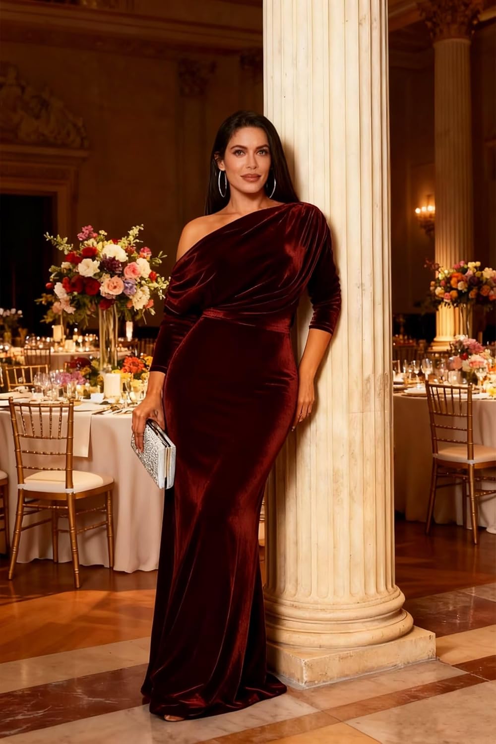 Verngo Off Shoulder Long Velvet Wedding Guest Dress Mermaid Bodycon Maxi Formal Evening Dress for Women - Image 3