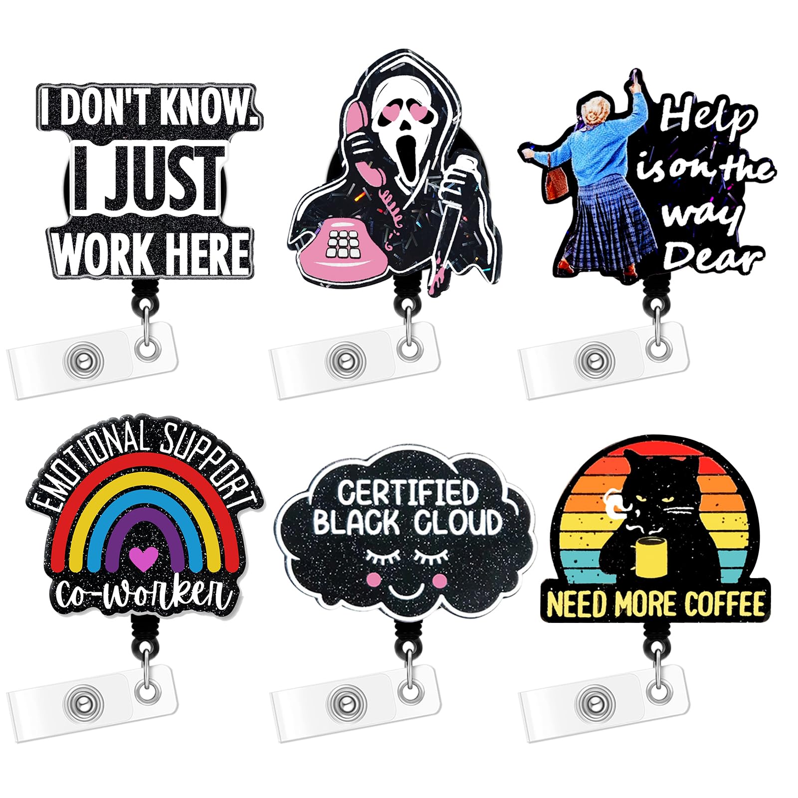 Horee Acrylic Badge Reel, 6 PCS Cute Funny Badge Holder Retractable ID Card Holder with Alligator Clip, Badge Holder Reels Accessories for Nurse