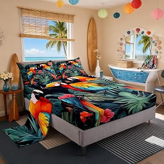 Manfei Tropical Birds Bed Sheet Queen Set,Jungle Parrot Bird Wild Animal Sheets Sets Bedroom Decor,Green Palm Leaves Nature Botanical Bedding Set with Flat,Fitted Sheet,2 Pillow Cases