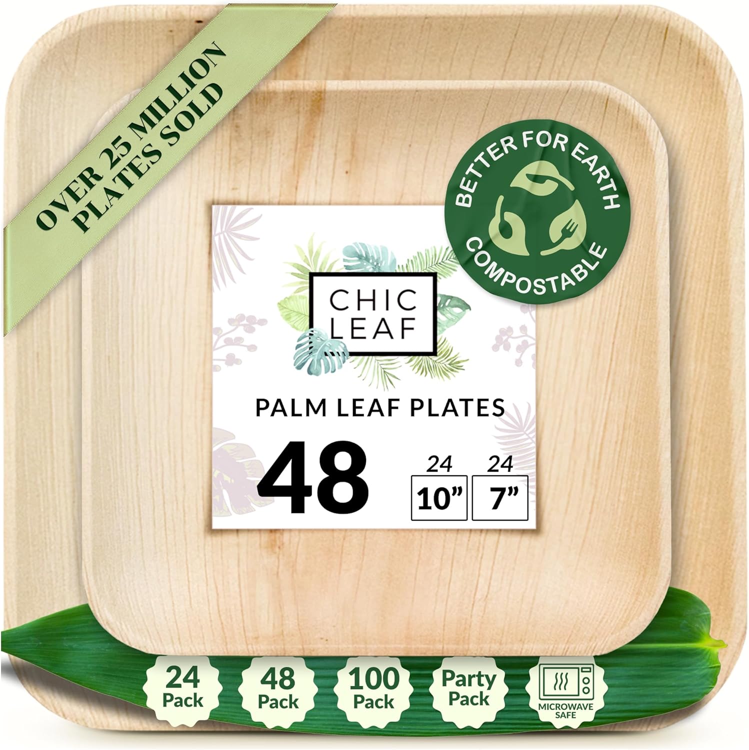 Chic Leaf Compostable & Biodegradable Palm Leaf Disposable Bamboo Plates - Disposable Party Plates for Appetizers - Party Supplies (10 & 7 Inch Square) 10" + 7" (Pack of 48)
