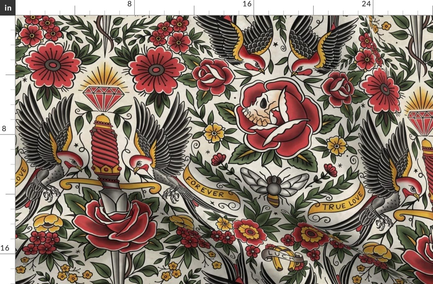 Spoonflower Fabric - Vintage Tattoo Traditional Old School Floral Printed on Organic Cotton Sateen Fabric by The Yard - Sewing Quilting Apparel Home Decor