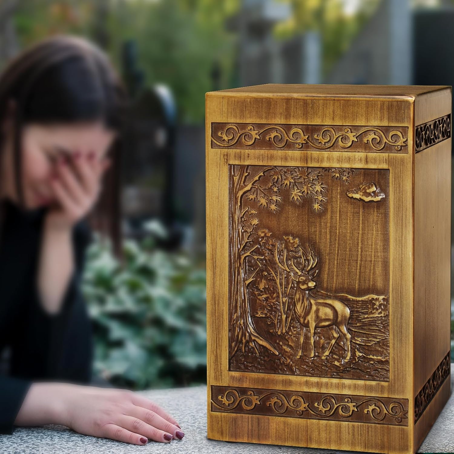 Wooden Cremation Urns for Human Ashes Adult Male Female Deer Carving Handmade Wood Funeral Decorative Memorial Urn Box, Holds 270 Cubic Inch - Image 8