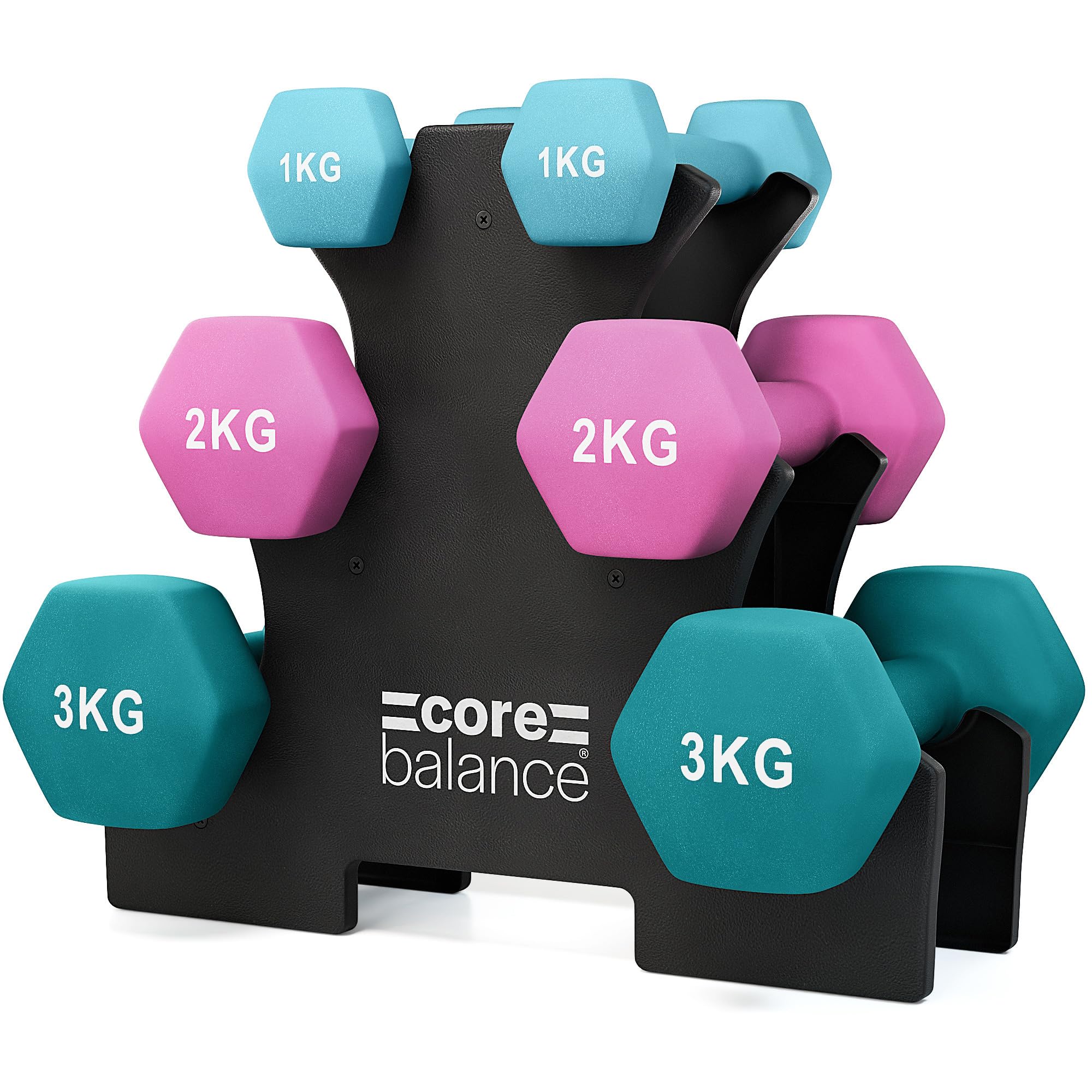 Core Balance 12kg Hex Dumbbells Set with Rack, Heavy Duty Cast Iron, Sweat Resistant Neoprene, Anti Roll Hexagonal Shaped Weights, Home Fitness & Strength Training, (2 x 1kg, 2kg, 3kg)