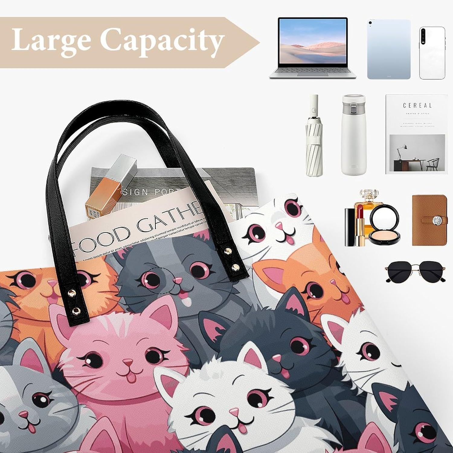 Cute Kittens Handbags Large Capacity, Tote Bag Stylish Slouchy, Shoulder Bags for Work Beach Travel And Shopping Grocery.