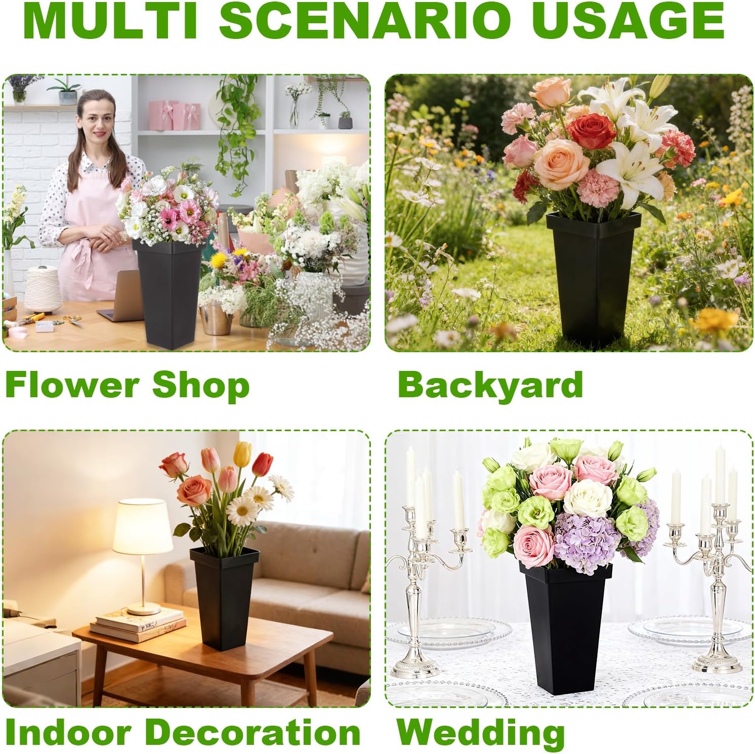 MIVIDE 6 Pack Black Flower Buckets for Cut Flowers, 13.3 inch Plastic Floral Buckets Flower Vases Modern Square Vase for Centerpieces, Home, Office, Wedding Decorations Display