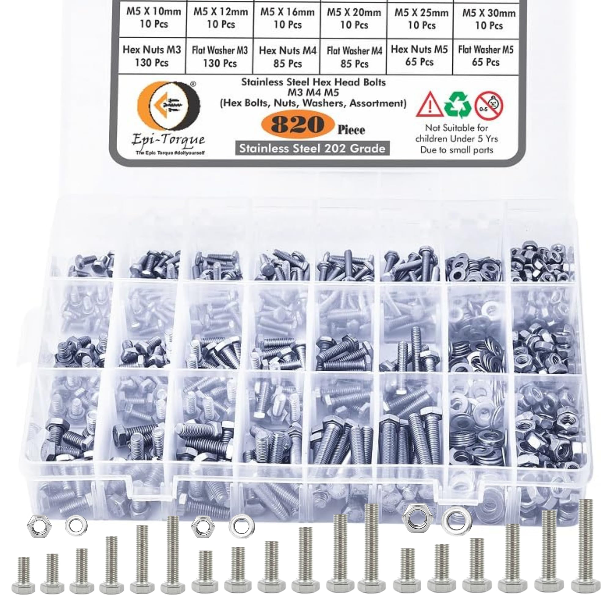 Epi-Torque; The Epic Torque #Doityourself Metric M3 M4 M5 Stainless Alloy Steel 202 Grade Full Threaded Hex Bolts Nuts And Washer Assortment Kit Set With Storage Box Pack Of 820 Pcs